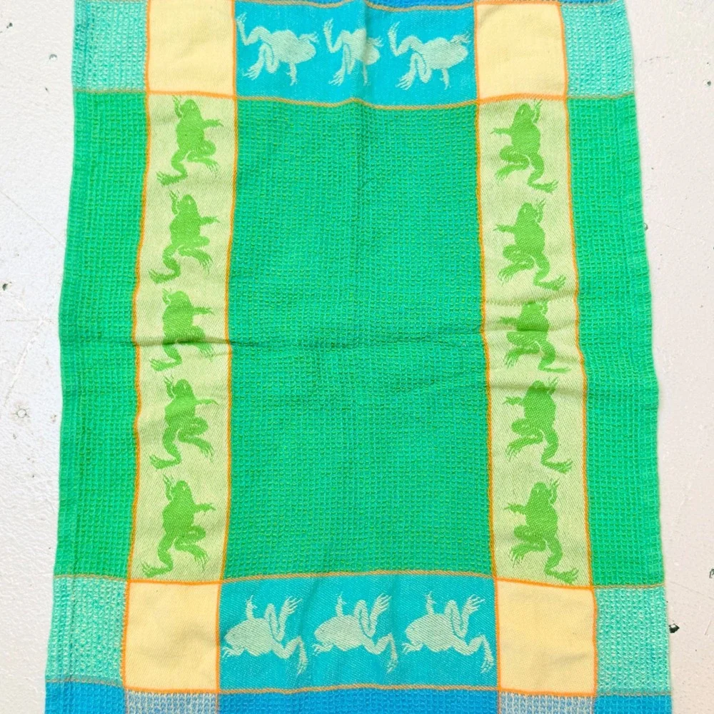 Primitive Artisan Frog Waffle Weave Tea Towel Green Blue Yellow Kitchen Towel